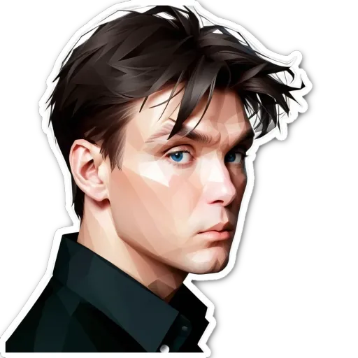 A sticker of a man with a short haircut and blue eyes.
