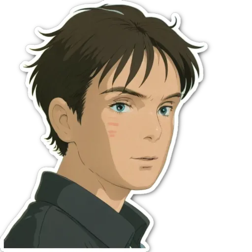 A sticker of a boy with a black shirt.