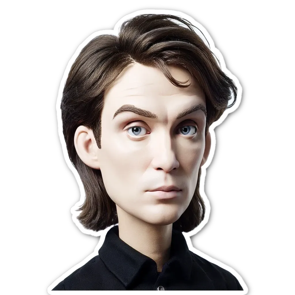 A black and white picture of a man with a fake face.