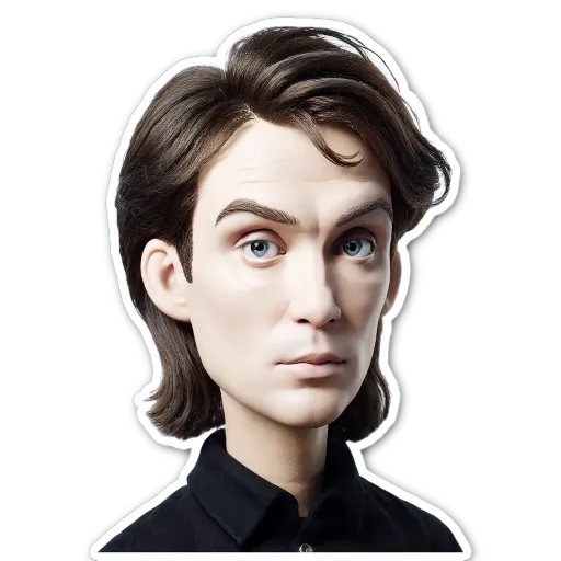 A black and white picture of a man with a fake face.
