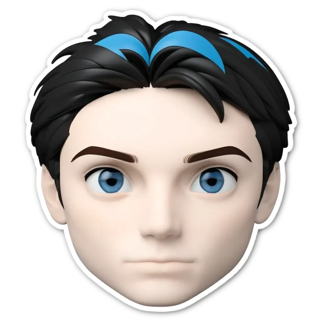 A sticker of a boy's face with blue eyes and a black hair.