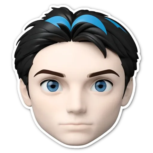 A sticker of a boy's face with blue eyes and a black hair.