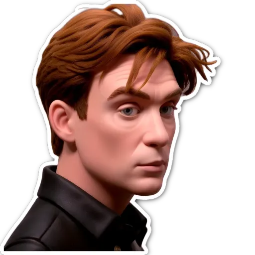 A sticker of a man's face with a black shirt and blue eyes.