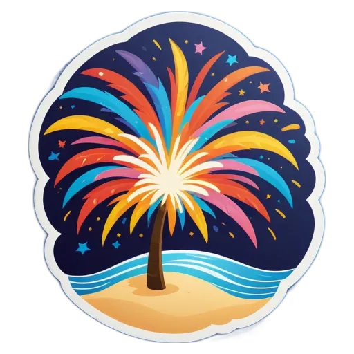 A colorful starburst patterned round sticker of a palm tree on a black background.