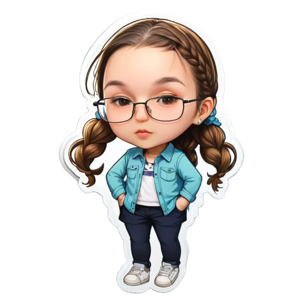 A girl wearing glasses and a blue jacket.