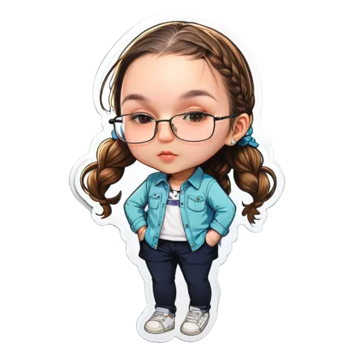 A girl wearing glasses and a blue jacket.