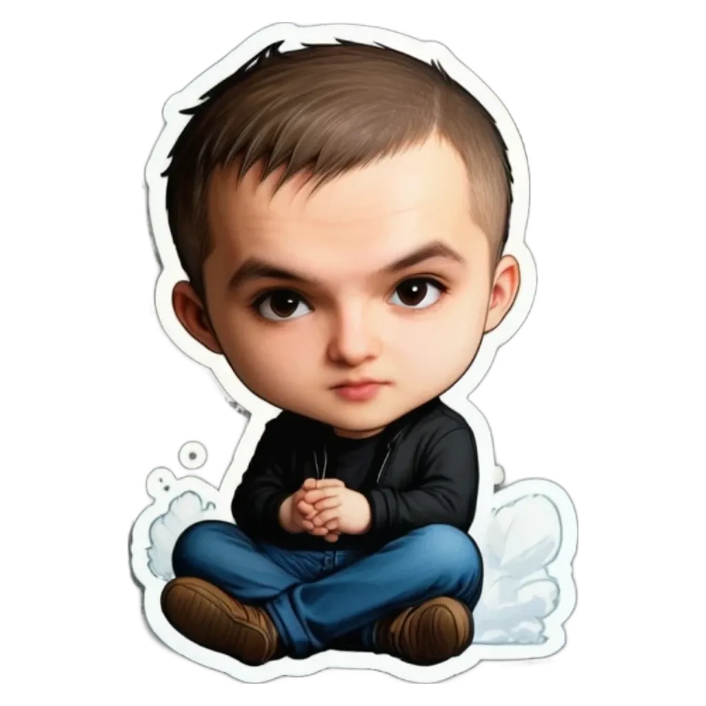 A boy is depicted with his hands folded in front of him.