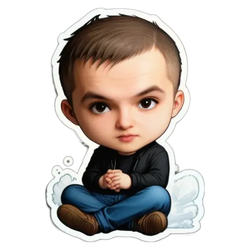 A boy is depicted with his hands folded in front of him.
