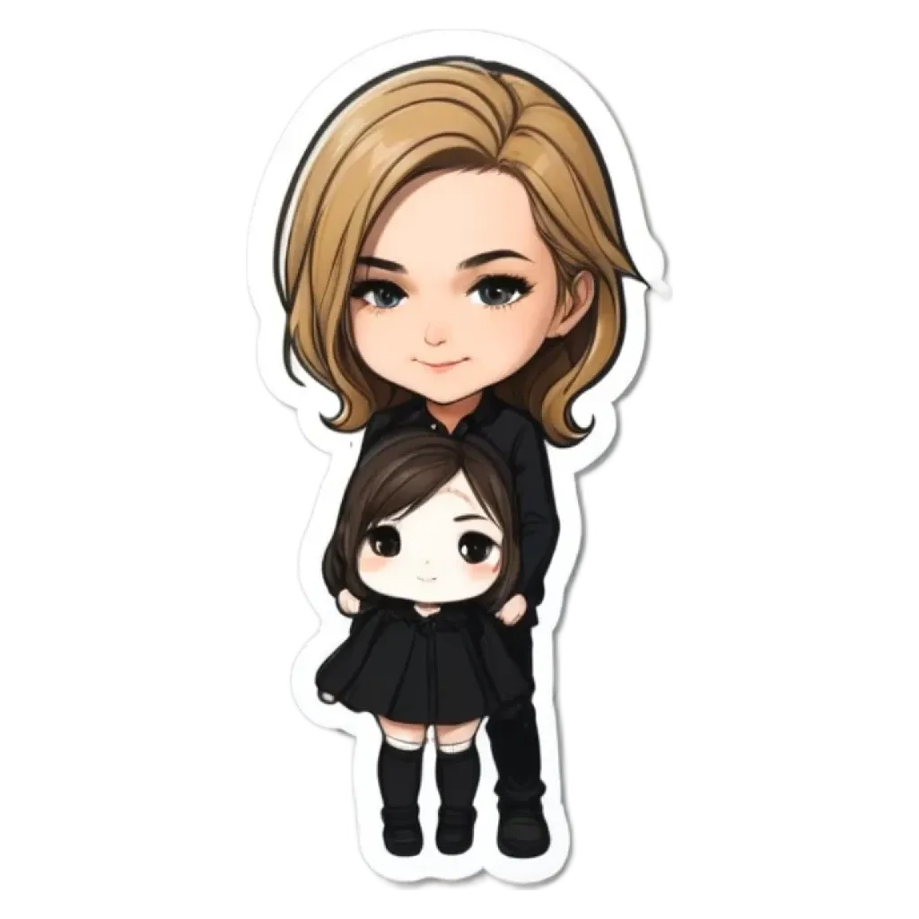 A cartoonish drawing of a woman holding a small girl.