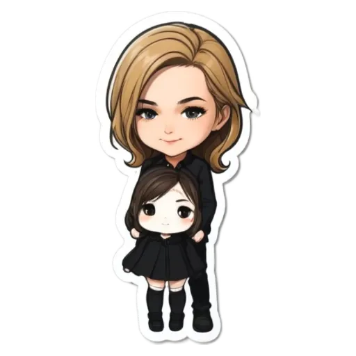 A cartoonish drawing of a woman holding a small girl.