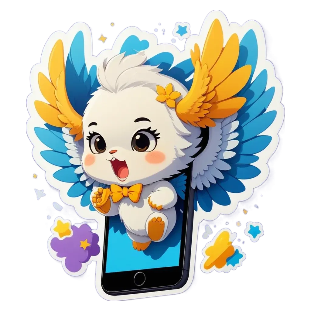 A cartoon animal with wings is hanging out of a cell phone.