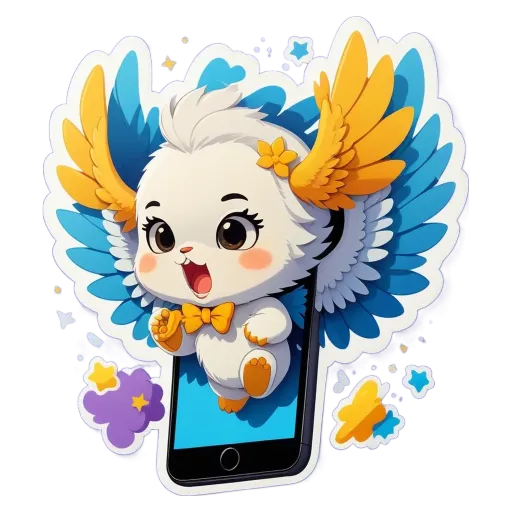 A cartoon animal with wings is hanging out of a cell phone.