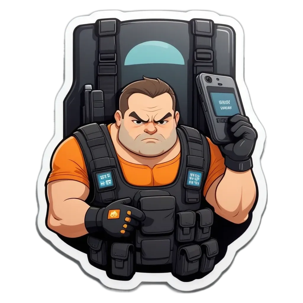 A sticker of a man in military gear using a cell phone.
