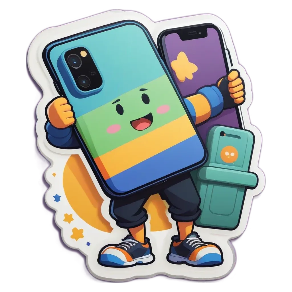 A boy is holding a phone that is bigger than him.