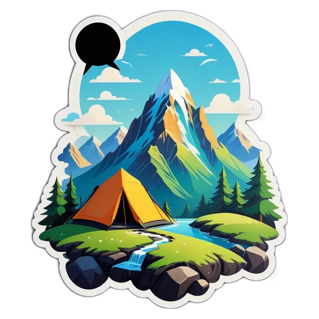 A scene of a tent and a campfire with a mountain in the back.