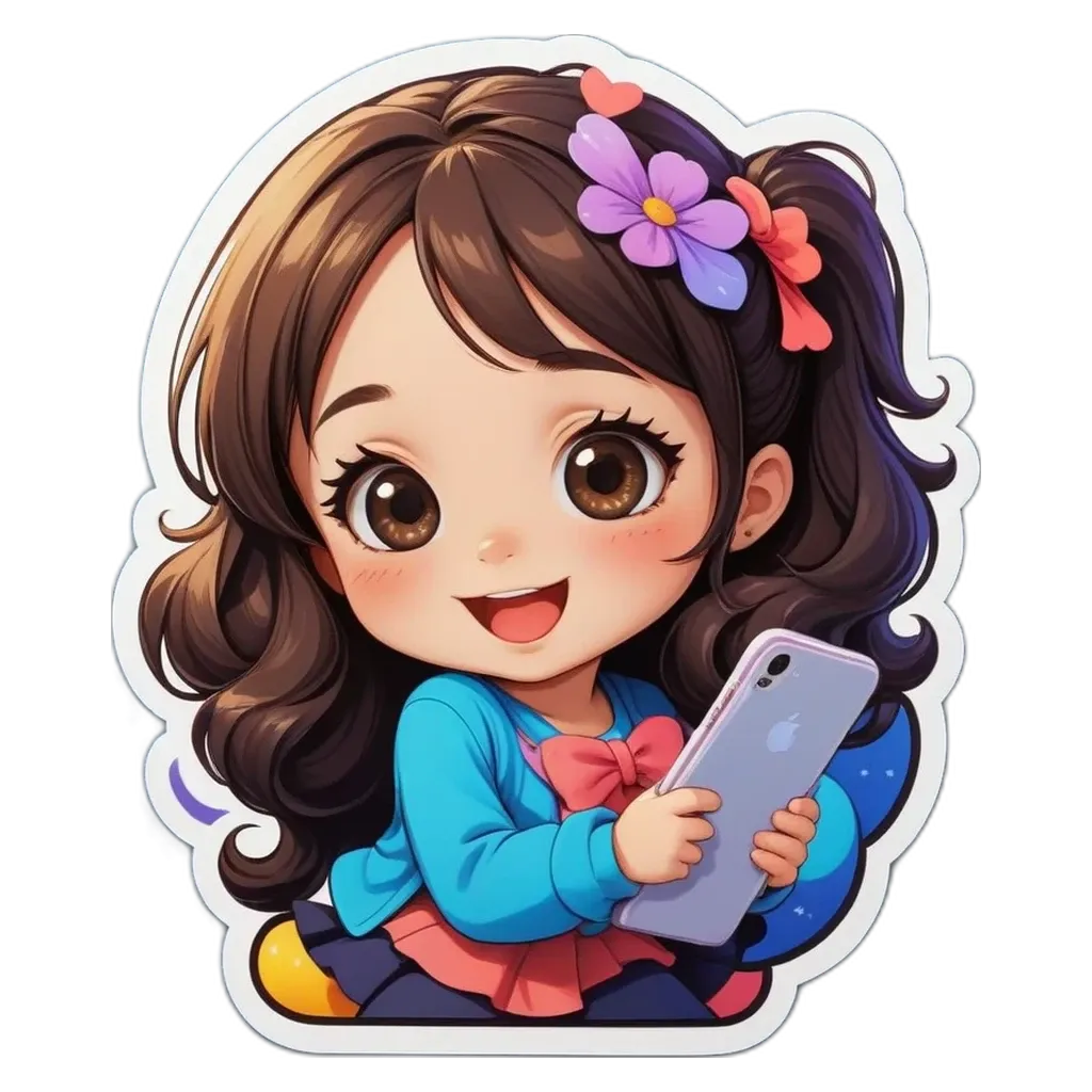 A girl holding a cell phone with a flower in her hair.