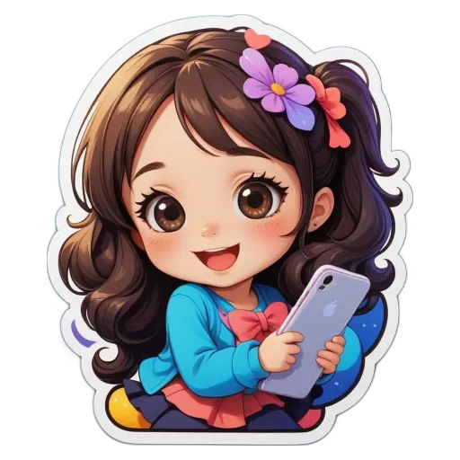 A girl holding a cell phone with a flower in her hair.