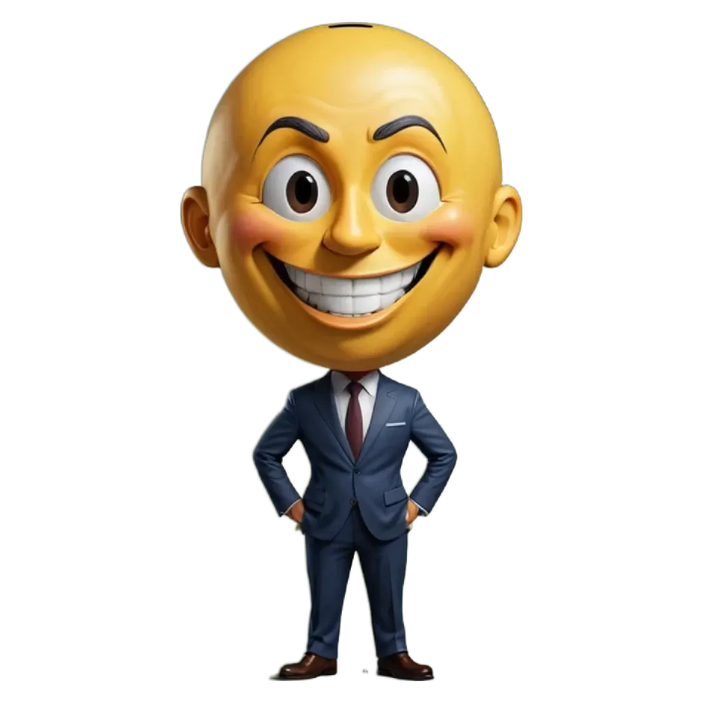 A cartoonish image of a man in a suit and tie with a fake smile.
