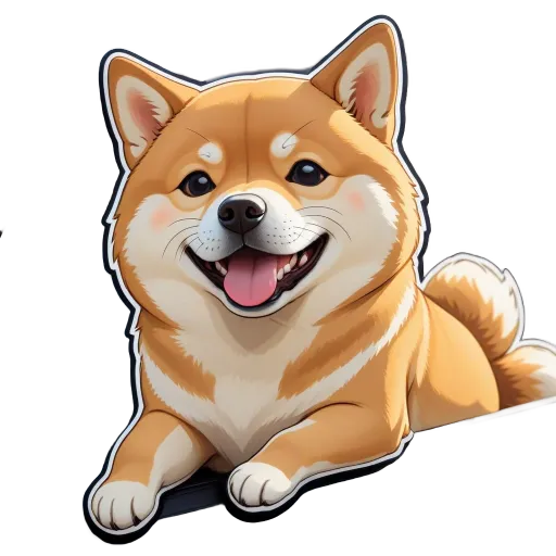 A sticker of a dog that is brown and smiling.