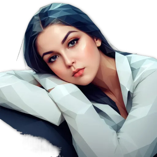 A woman with a white shirt is leaning on her right arm.