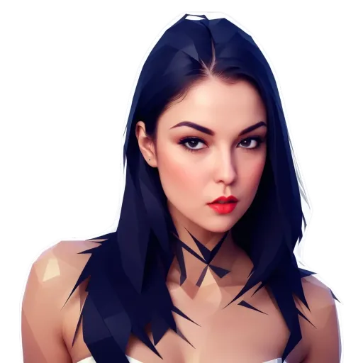 A woman with a red lipstick is staring at the camera.