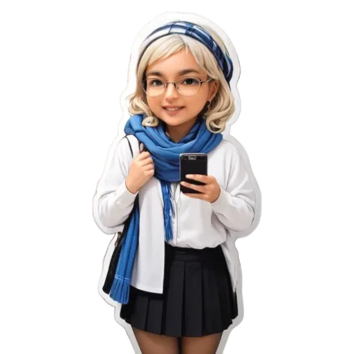 A girl wearing a scarf and glasses is holding a cell phone.