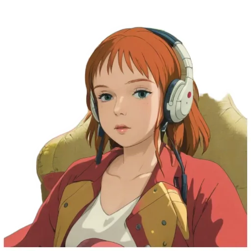 A girl with red hair and headphones on her head.