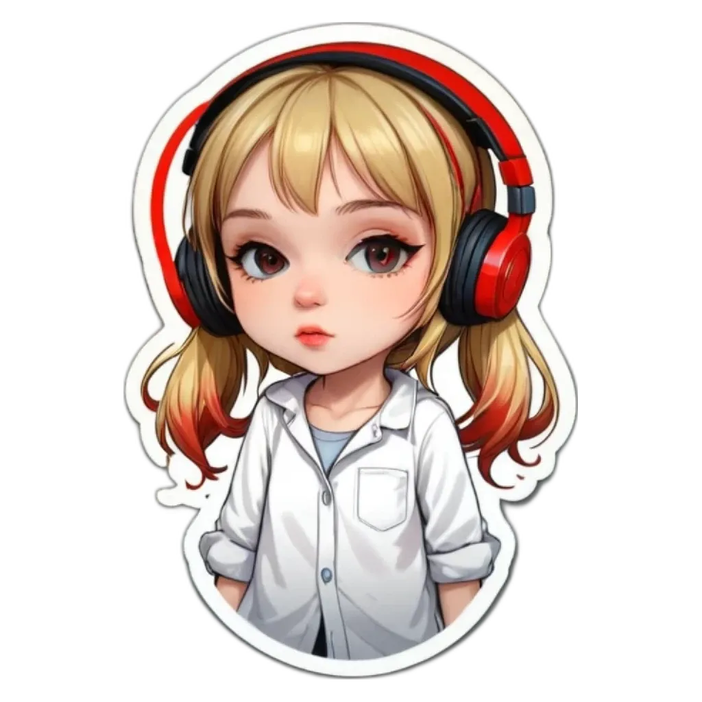 A girl with red and white headphones on her head.