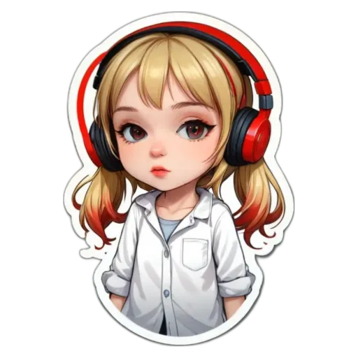 A girl with red and white headphones on her head.