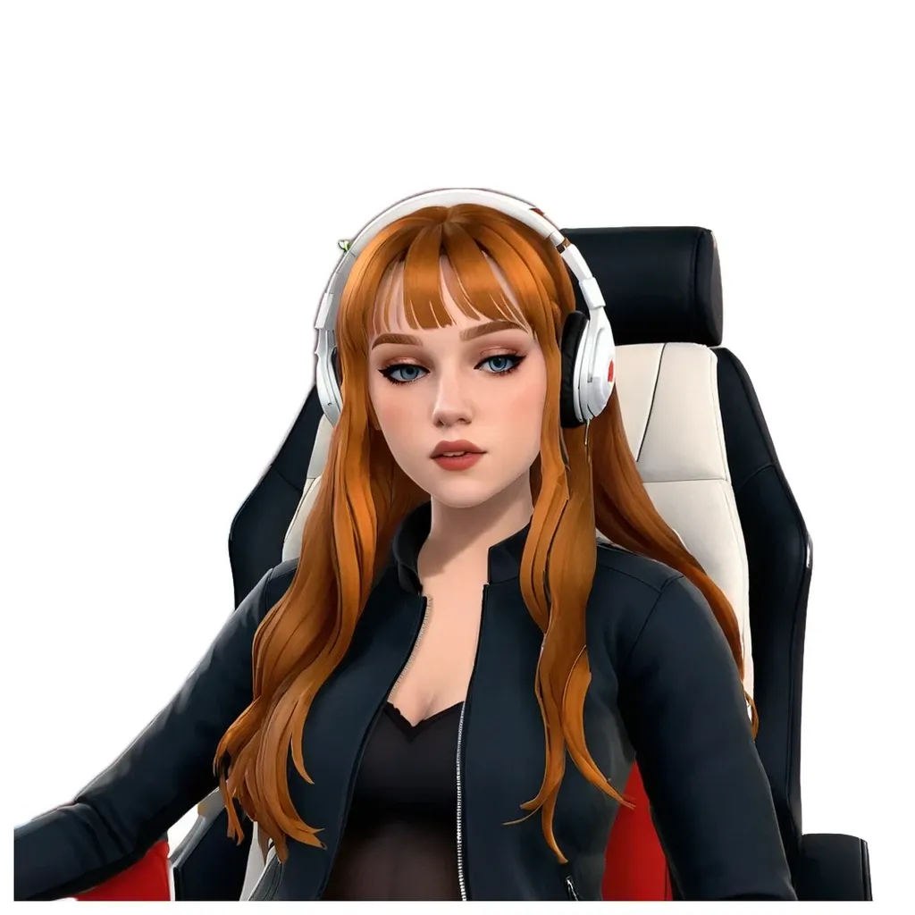 A girl with red hair and headphones on her head.
