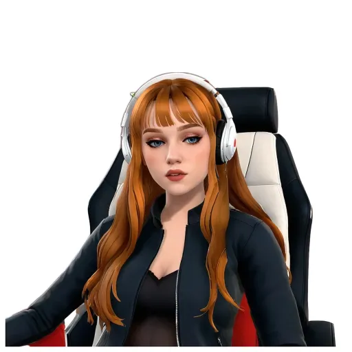A girl with red hair and headphones on her head.