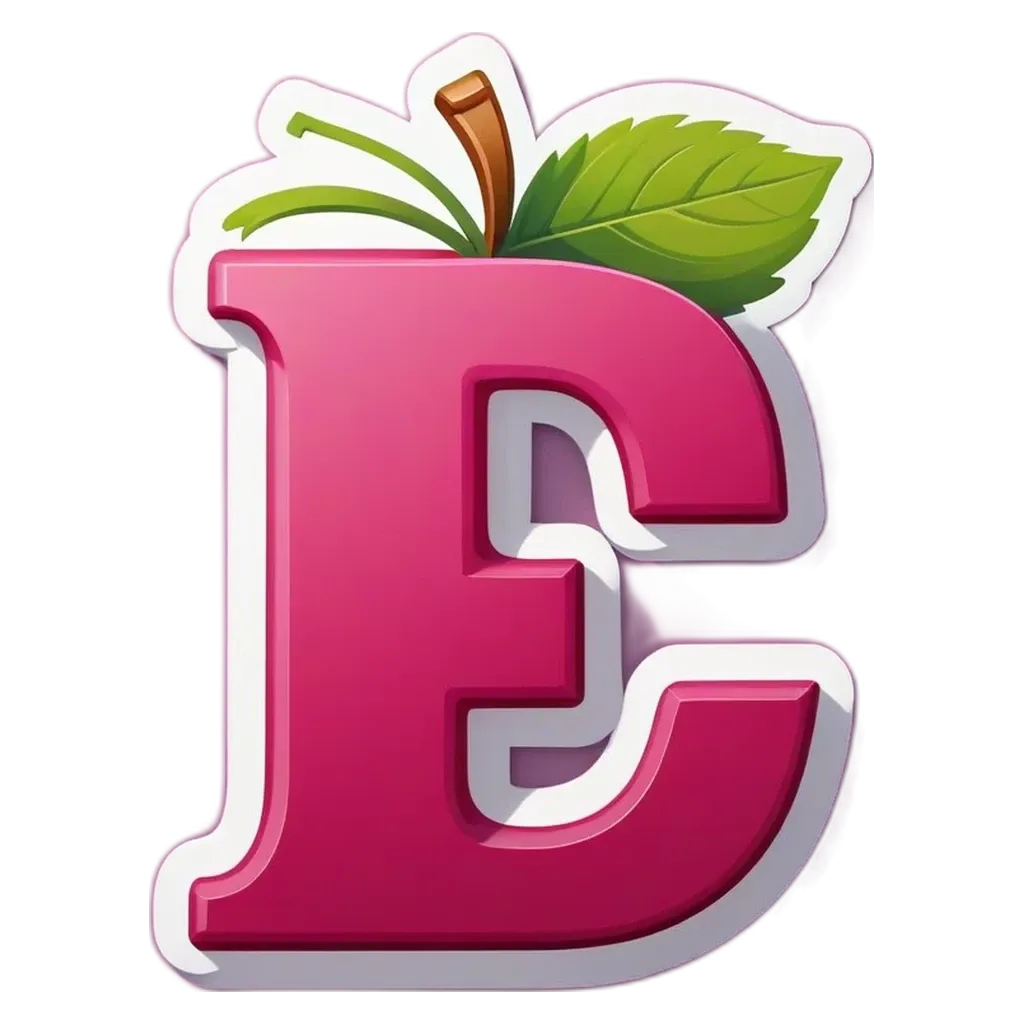 The letter E is in the middle of a pink and green apple.