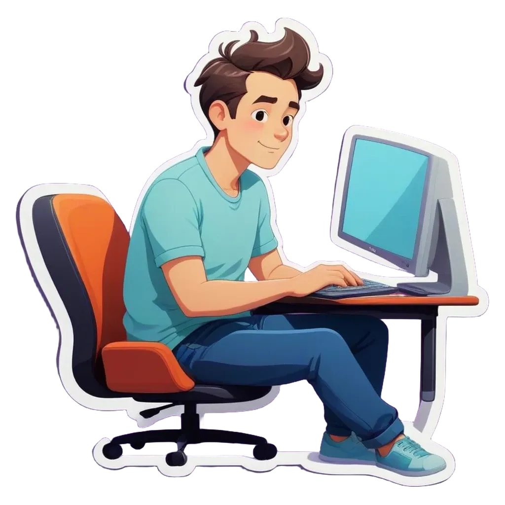 A cartoon boy typing on a keyboard at a desk.