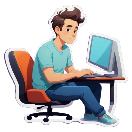 A cartoon boy typing on a keyboard at a desk.