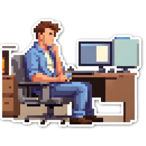 A man is thinking at a desk with a computer.
