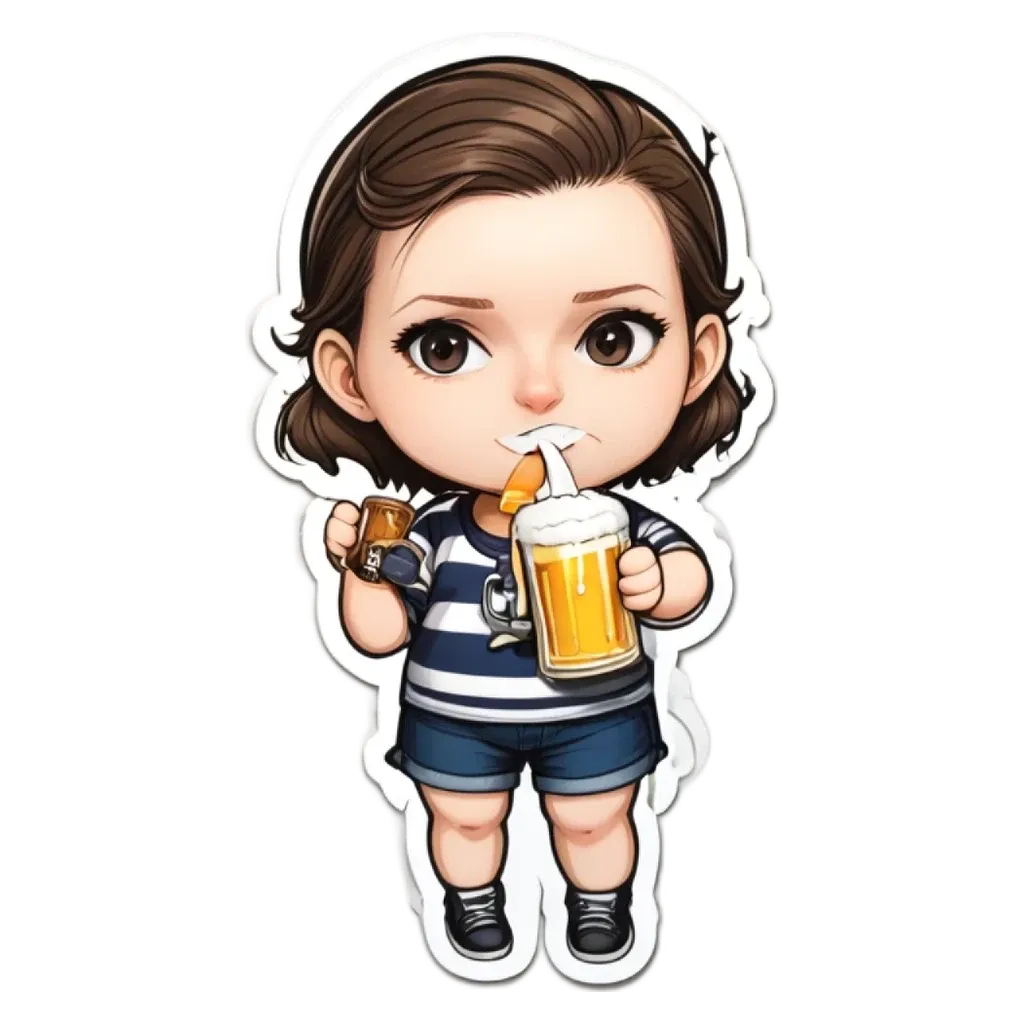 A girl drinking out of a glass with a sticker of her drinking.