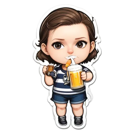 A girl drinking out of a glass with a sticker of her drinking.