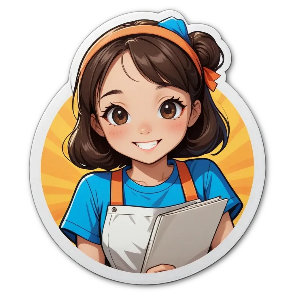 A girl is wearing an apron and holding a clipboard.