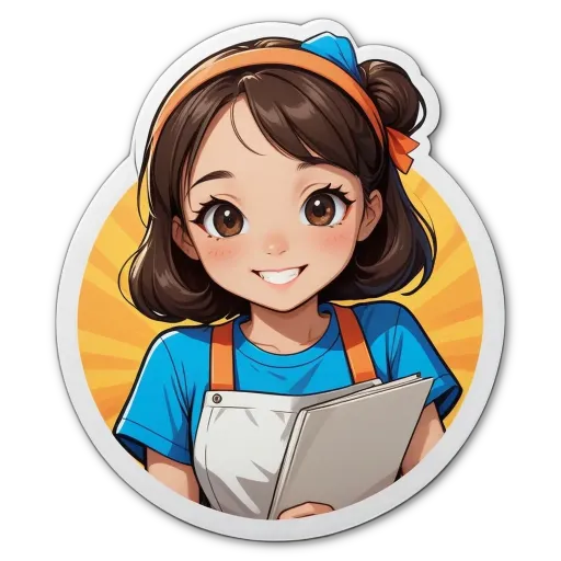 A girl is wearing an apron and holding a clipboard.