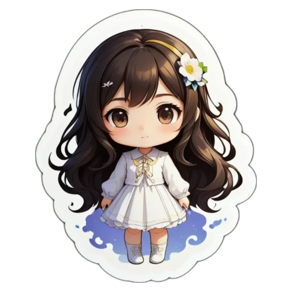 A girl with long hair and a white dress that has a flower on it.