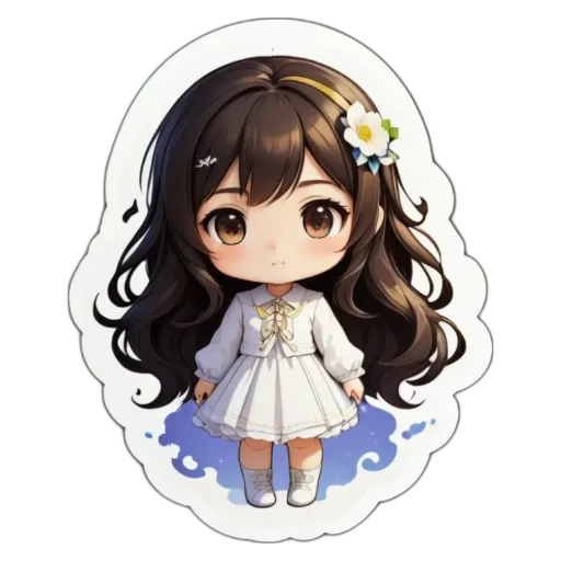 A girl with long hair and a white dress that has a flower on it.