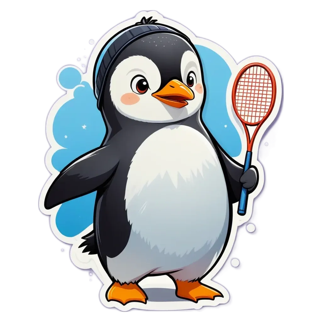 A penguin playing tennis with a racket.