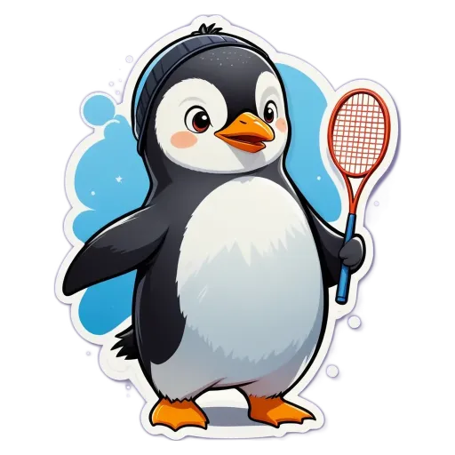 A penguin playing tennis with a racket.