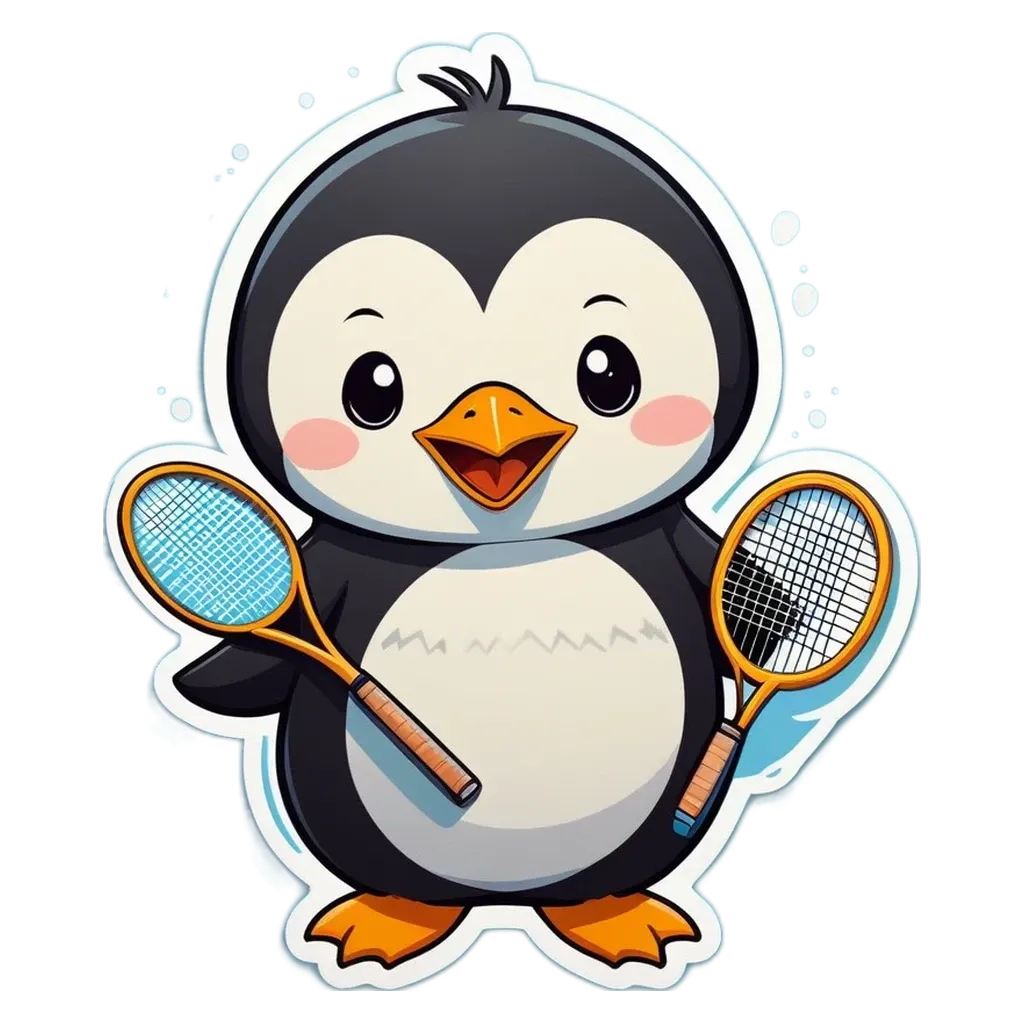 A penguin holding a tennis racket and ball.