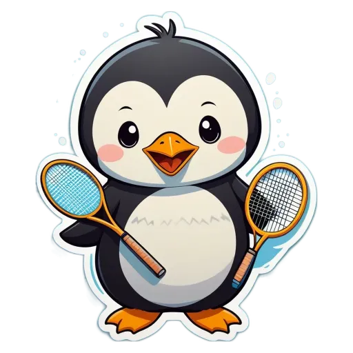 A penguin holding a tennis racket and ball.