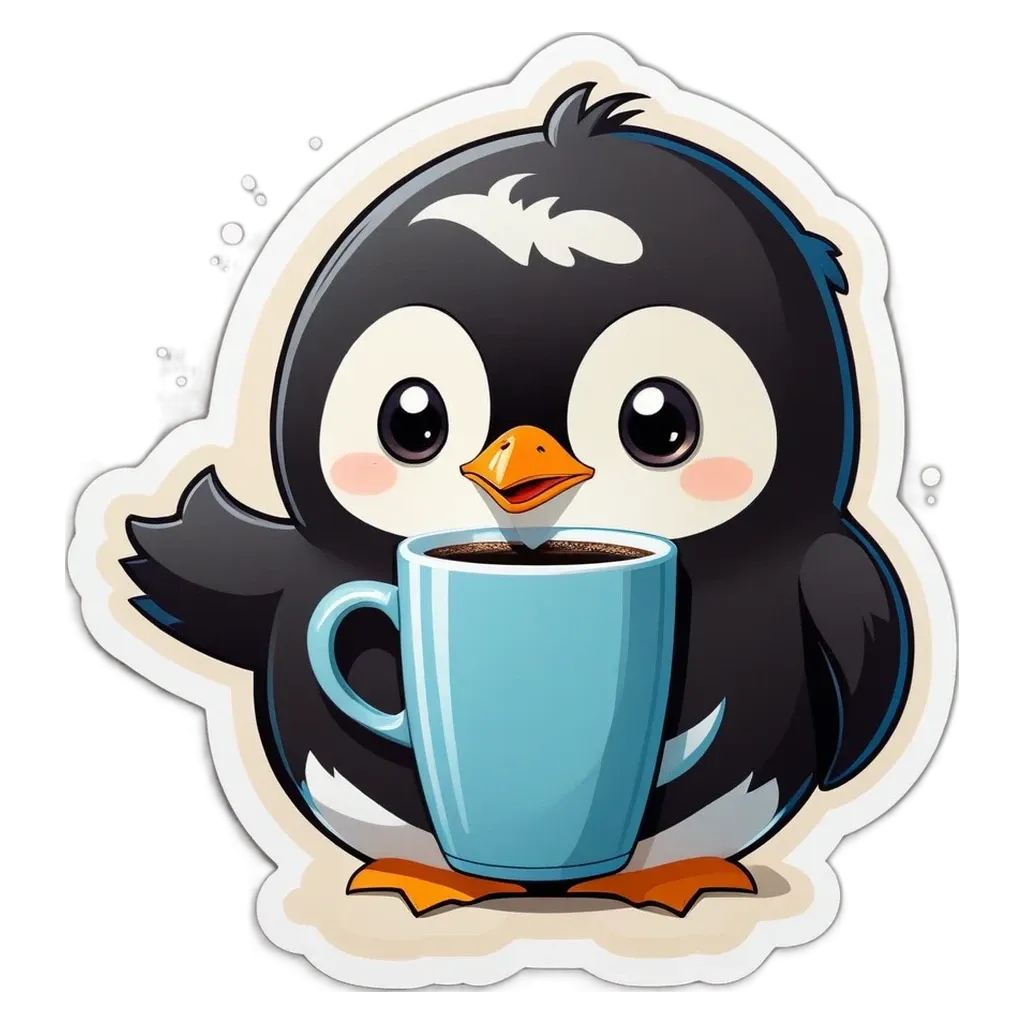 A penguin holding a cup of coffee.