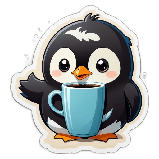 A penguin holding a cup of coffee.