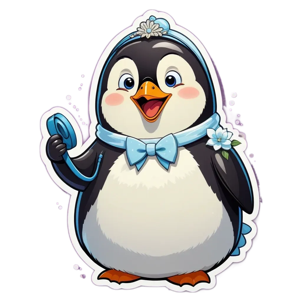 A penguin with a bow tie and flowers in her hair holding a mirror.