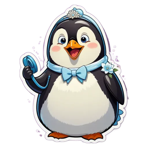 A penguin with a bow tie and flowers in her hair holding a mirror.