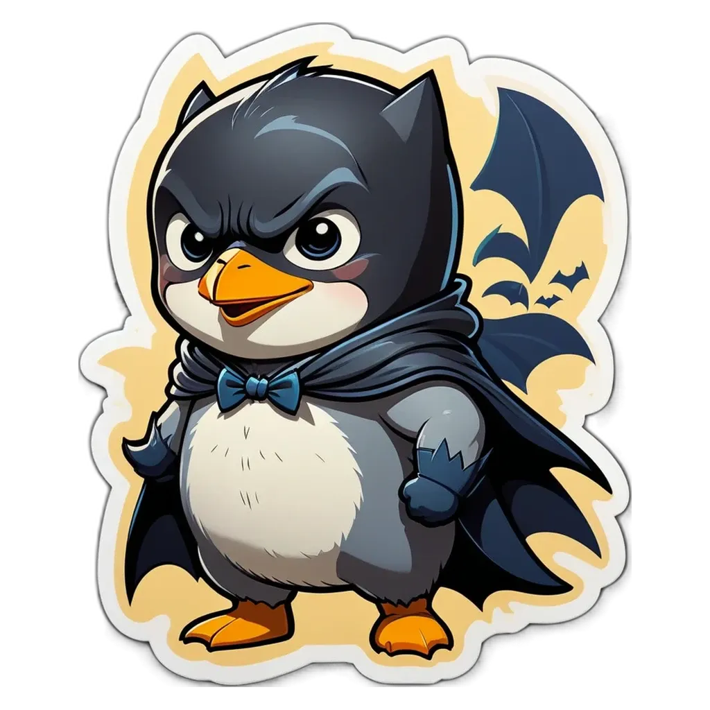 A penguin with a cape and bat in its hand.